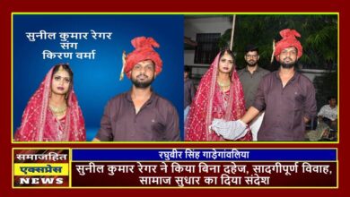 सुनील कुमार रेगर ने किया बिना दहेज, सादगीपूर्ण विवाह, सामाज सुधार का दिया संदेश ।